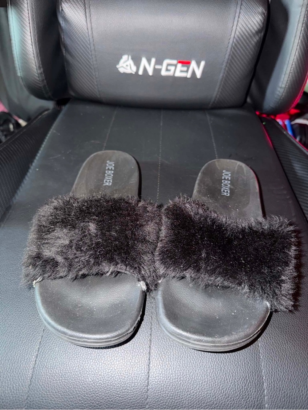 Joe Boxer Black Faux Fur Slide Slippers for Women